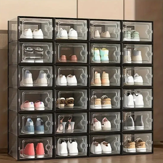 [Transparent Shoe Box] 6/12/24pcs Thick Transparent Shoe Box With Lid, Foldable And Stackable Shoe Rack - Space Saving Storage Organizer
