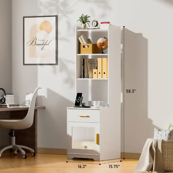 Tall Nightstand With Charging Station, 58" Smart Nightstand With 3 Color LED Lights, Body Sensor, Modern Night Stand With Bookshelf