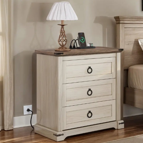 29" Bedside Table Bedroom Rustic Wooden Desk with 3 Drawers Storage Cabinet Charging Station