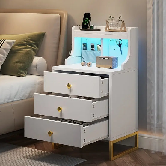 Modern Nightstand 3 Storage Drawers, End Side Table Beside Table with Charging Station And RGB Led Light, Metal Leg,Valentines Decorations for Home Furniture for Home Clearance Home Decor And Accessories